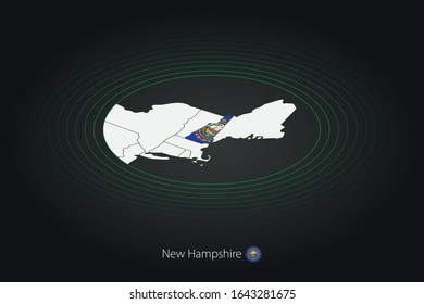 New Hampshire map in dark color, oval map with neighboring US states. Vector map and flag of US state New Hampshire