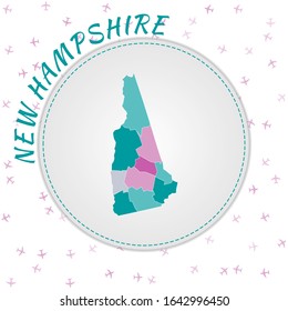 New Hampshire map design. Map of the US state with regions in emerald-amethyst color palette. Rounded travel to New Hampshire poster with US state name and airplanes background.