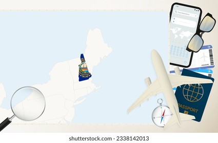 New Hampshire map and flag, cargo plane on the detailed map of New Hampshire with flag, passport, magnifying glass and airplane. Vector template.