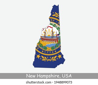 New Hampshire Map Flag. Map of NH, USA with the state flag isolated on white background. United States, America, American, United States of America, US State. Vector illustration.