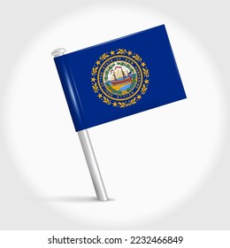 New Hampshire map pin flag icon. Pennant map marker on a metal needle. 3D realistic vector illustration.