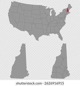 New Hampshire map set with USA location, clean outline, and full county breakdown.