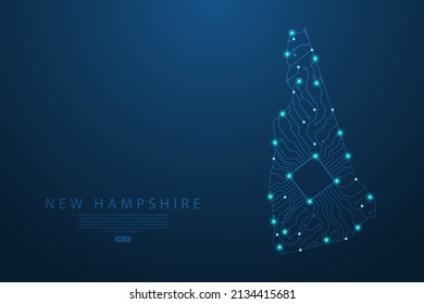 New Hampshire Map - United States of America Map vector with Abstract futuristic circuit board. High-tech technology mash line and point scales on dark background - Vector illustration ep 10 