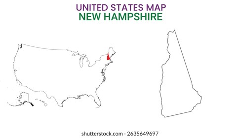 Mapa de Nova Hampshire de Estados Unidos da América. Ilustração vetorial do mapa de New Hampshire. Mapa vetorial de New Hampshire sobre fundo branco.