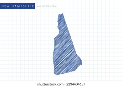 New Hampshire Map - USA, United States of America Map vector template with blue outline graphic and pen drawing sketch style isolated on white grid background for design - Vector illustration eps 10
