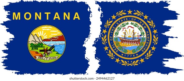 New Hampshire and Montana states grunge brush flags connection, vector