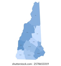 New Hampshire, NH - detailed political map of US state. Administrative map divided into counties. Blue map with county name labels. Vector illustration