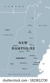 New Hampshire, NH, gray political map, with capital Concord. State in the New England region of United States of America. The Granite State. The White Mountain State. Illustration over white. Vector.