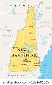 New Hampshire, NH, political map, with capital Concord. State in the New England region of the United States of America. The Granite State. The White Mountain State. Illustration over white. Vector.