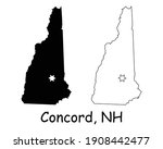 New Hampshire NH state Map USA with Capital City Star at Concord. Black silhouette and outline isolated on a white background. EPS Vector