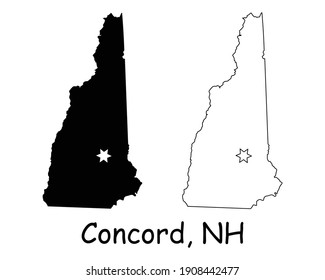 New Hampshire NH state Map USA with Capital City Star at Concord. Black silhouette and outline isolated on a white background. EPS Vector