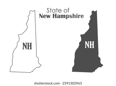 New Hampshire. The outline and silhouette of the state with the abbreviated abbreviation of the name. The state border. A template for the design of printed products
