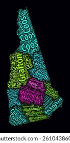New Hampshire Regions Word Clouds. Bright typographic style design on dark background. New Hampshire region names tag clouds. Boundary shape. Elegant vector illustration.