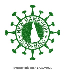 New Hampshire Reopening Stamp. Green round badge of US state with map of New Hampshire. US state opening after lockdown. Vector illustration.
