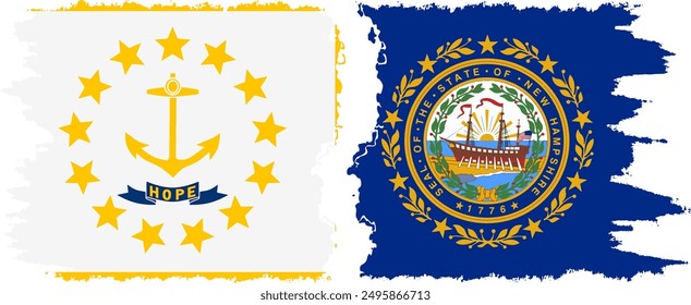 New Hampshire and Rhode Island states grunge brush flags connection, vector