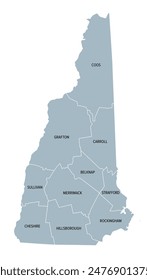 New Hampshire state counties, gray political map. New Hampshire, a state in the New England region of the Northeastern United States, subdivided into 10 counties. Map with boundaries and county names.