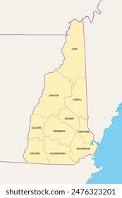 New Hampshire state counties, political map. New Hampshire, a state in the New England region of the Northeastern United States, is subdivided into ten counties. Map with boundaries and county names.