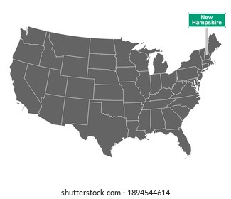 New Hampshire state limit sign and map of USA on white