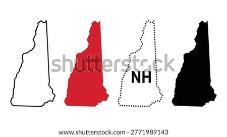New Hampshire state map collection in flat and minimal styles, geography, cartography, borders, travel, and location