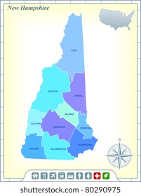 New Hampshire State Map with Community Assistance and Activates Icons Original Illustration