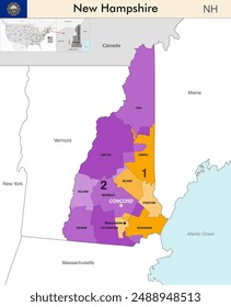 New Hampshire state map with counties borders and colored congressional districts boundaries due to The 2020 United States census and which is valid since 2023. Flag of New Hampshire. Vector