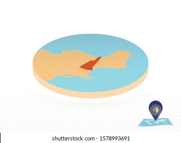 New Hampshire state map designed in isometric style, orange circle map of US state New Hampshire for web, infographic and more.