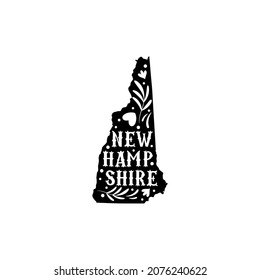 New Hampshire state map with doodle decorative ornaments. For printing on souvenirs and T-shirts