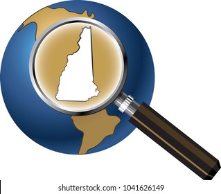New Hampshire State Map Enlarged with Magnifying Glass on Globe