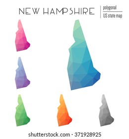 New Hampshire state map in geometric polygonal style. Set of New Hampshire state maps filled with abstract mosaic, modern design background. Multicolored state map in low poly style.