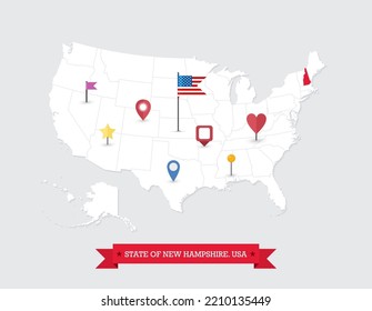 Mapa del estado de New Hampshire resaltado en el mapa de EE.UU. Estado de New Hampshire en Estados Unidos con íconos de bandera y navegación.