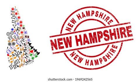 New Hampshire State map mosaic and New Hampshire red circle stamp seal. New Hampshire stamp uses vector lines and arcs. New Hampshire State map mosaic includes markers, houses, wrenches, suns, men,