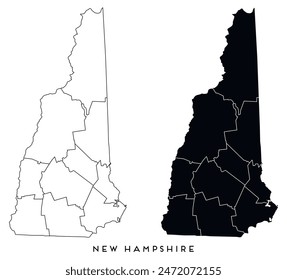 New Hampshire state map of regions districts vector black on white and outline