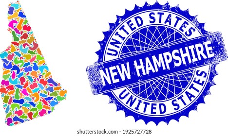 Imagen vectorial del mapa del estado de Nuevo Hampshire. Mapa de colaje de salpicaduras y marca de agua angustiada para el estado de New Hampshire. Sello azul rosetón nítido con leyenda para el mapa del estado de New Hampshire.