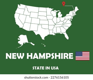 New Hampshire state of USA text design with America flag and white silhouette map.
