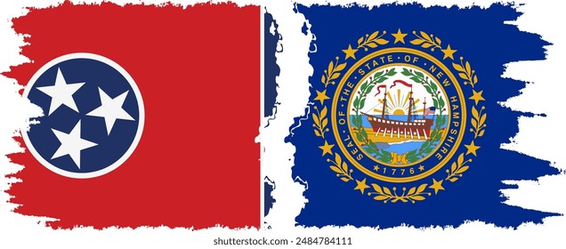 New Hampshire and Tennessee states grunge brush flags connection, vector