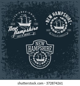 New Hampshire three stylized emblems state of America, black, vintage vector illustration