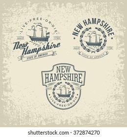 New Hampshire three stylized emblems state of America, white, vintage vector illustration