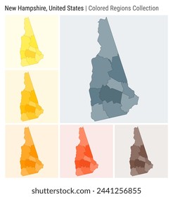 New Hampshire, United States. Map collection. State shape. Colored counties. Blue Grey, Yellow, Amber, Orange, Deep Orange, Brown color palettes. Border of New Hampshire with counties.