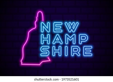 new hampshire US state glowing neon lamp sign Realistic vector illustration Blue brick wall glow