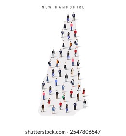 New Hampshire US state population map. Large group of realistic a diverse crowd of people figures. Flat vector illustration isolated on white.