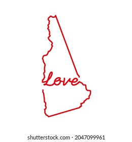 New Hampshire US state red outline map with the handwritten LOVE word. Continuous line drawing of patriotic home sign. A love for a small homeland. Interior decoration idea. Vector illustration.