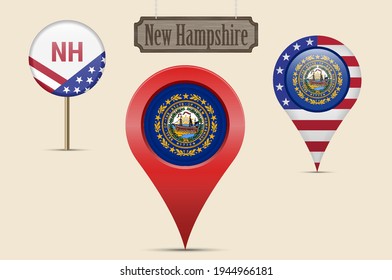New Hampshire US state round flag. Map pin, red map marker, location pointer. Hanging wood sign in vintage style. Vector illustration. American stars and stripes flag. Two-letter state abbreviation.