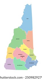 New Hampshire, U.S. state, subdivided into 10 counties, multi colored political map with capital Concord, borders and county names. State in the New England region of Northeastern USA. Granite State.