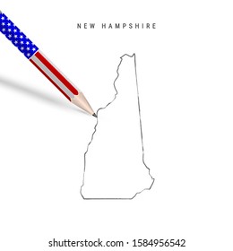 New Hampshire US state vector map pencil sketch. New Hampshire outline contour map with 3D pencil in american flag colors. Freehand drawing vector, hand drawn sketch isolated on white.