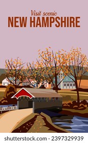 New Hampshire USA Travel Poster, autumn rural landscape