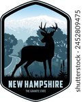 New Hampshire vector label with White-tailed Deer near Mount Washington