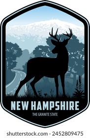 New Hampshire vector label with White-tailed Deer near Mount Washington