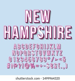 New Hampshire vintage 3d vector lettering. Retro bold font, typeface. Pop art stylized text. Old school style letters, numbers, symbols pack. 90s, 80s poster typography design. Blue color background