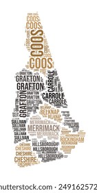 New Hampshire Word Cloud. State shape with county division. New Hampshire typography style image. County names tag clouds. Vector illustration.