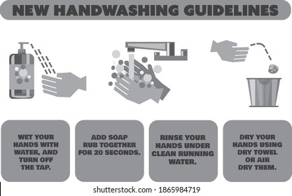 new hand washing guidelines black and white greyscale sign hang in public places.